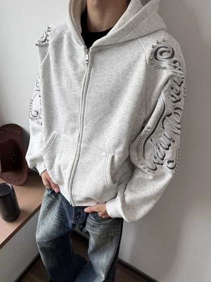 Nouveauté Printemps 2026 : Sweat à capuche décontracté pour homme, à manches longues, zippé, avec lettres imprimées et rivets, coupe ample et tendance