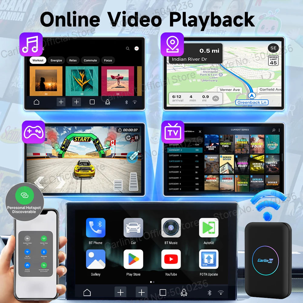 جهاز CarlinKit Lite Android TV Box محول لاسلكي 3 في 1 يدعم Netflix IPTV لاسلكي Android Auto & CarPlay Dongle لأجهزة راديو السيارة