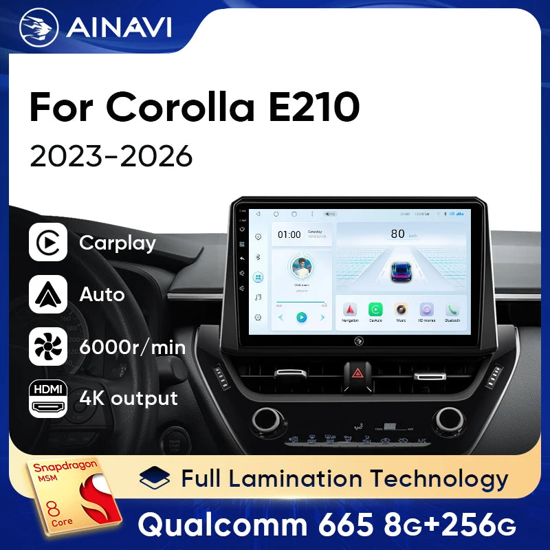 نظام الوسائط المتعددة Ainavi للسيارة لتويوتا كورولا 2022 2023 2024 2025 2026 E210 راديو سيارة لاسلكي يعمل بنظام Android Auto Carplay 4G WIFI GPS 2 DIN