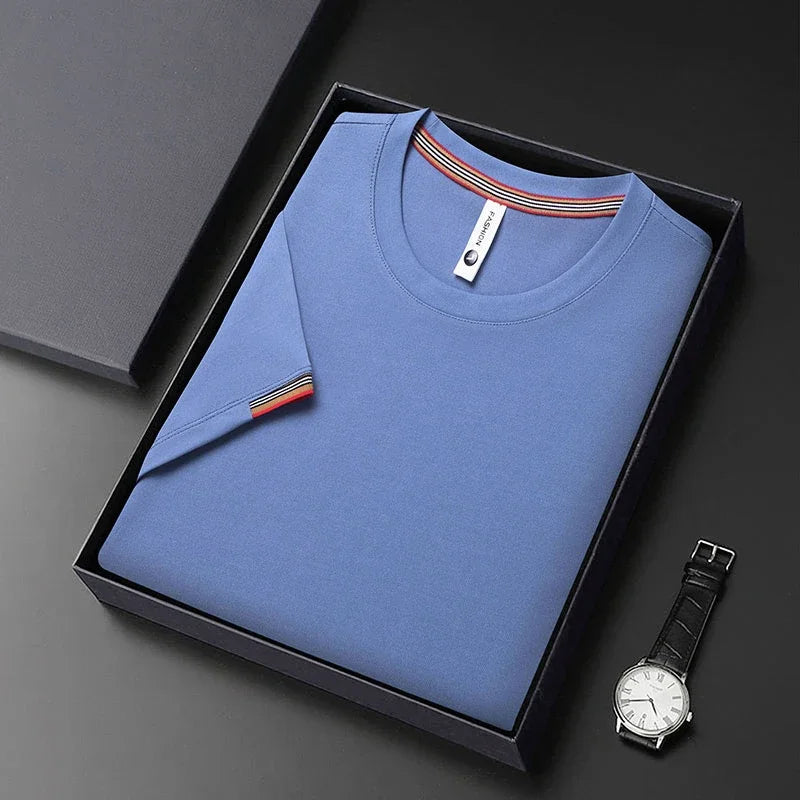 T-shirt à Manches Courtes pour Homme, Col Rond, Solide, avec Poignets Brodés, à la Mode, Confortable, Respirant et artificiel astique