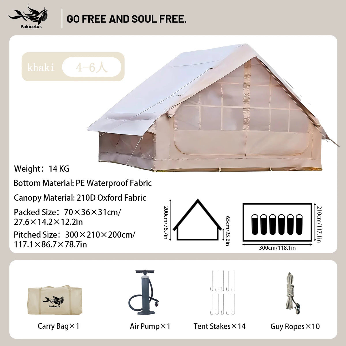 Tente de camping gonflable PAKICETUS pour 4 à 8 personnes avec fenêtres, tente de camping portable résistante à l'eau