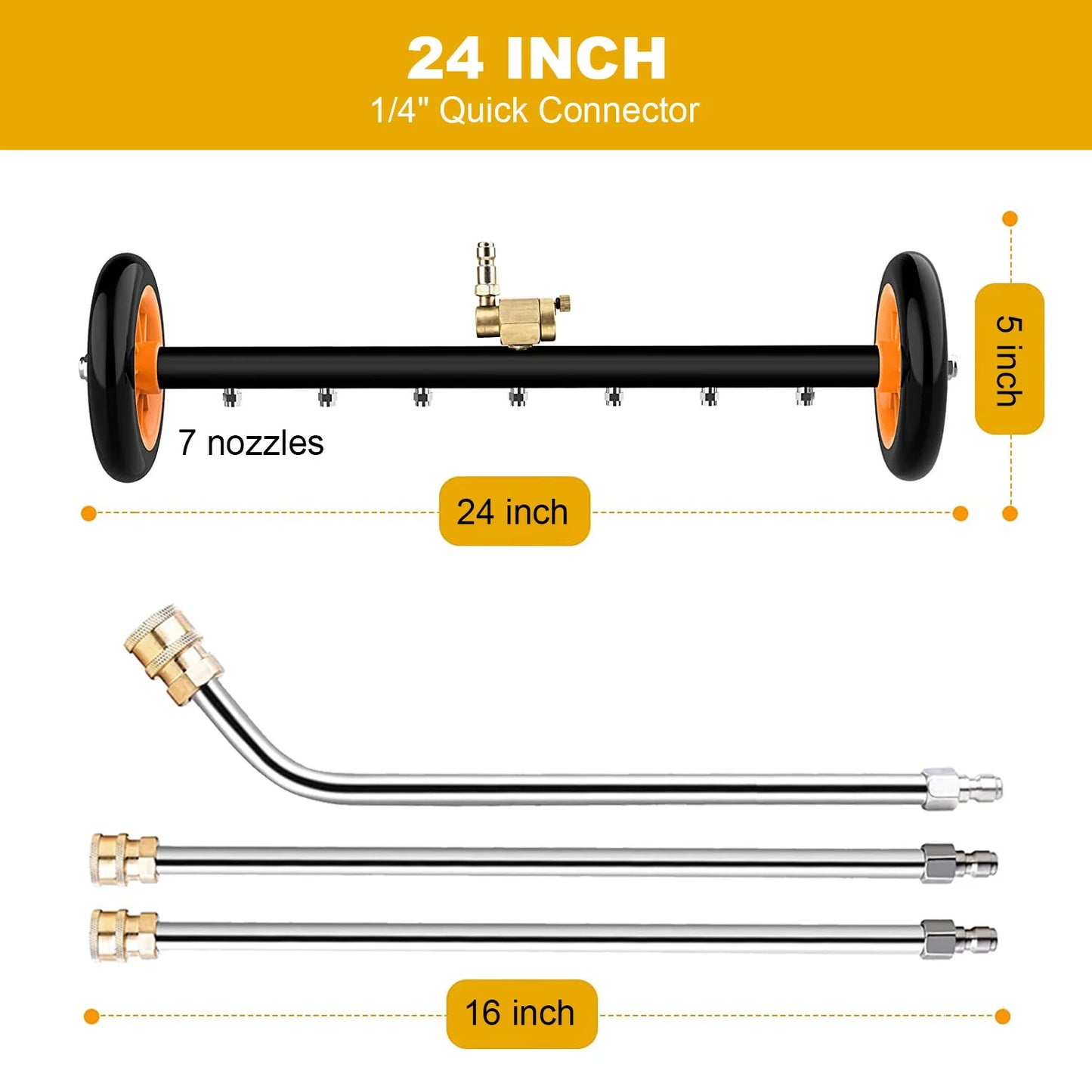 Nettoyeur de surface sous châssis de 24 pouces pour nettoyeur haute pression, balai à eau pour lavage de châssis de voiture, connecteur rapide 1/4 pouce, compatible Karcher Sun Joe