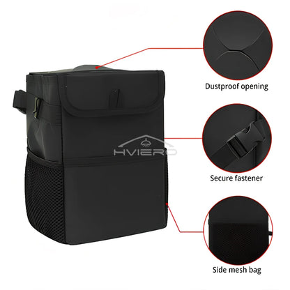 Poubelle avec Couvercle et Poches de Rangement pour Voiture, Étanche, Polyvalente, Noire, 100% Fuite