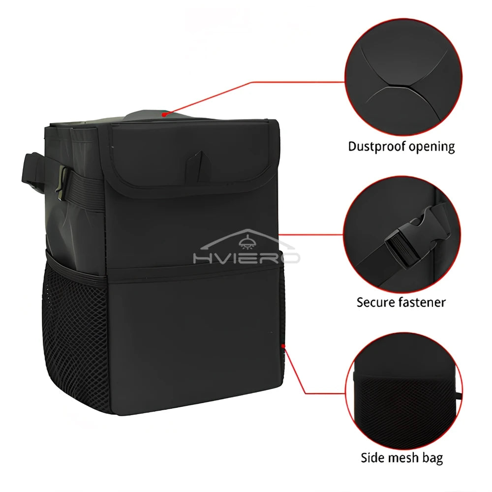 Poubelle avec Couvercle et Poches de Rangement pour Voiture, Étanche, Polyvalente, Noire, 100% Fuite