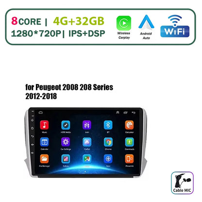 Autoradio multimédia Android 16 pour Peugeot 2008 208 Série 2012-2018 Lecteur Navigation GPS CarPlay sans fil Radio DVD Unité principale