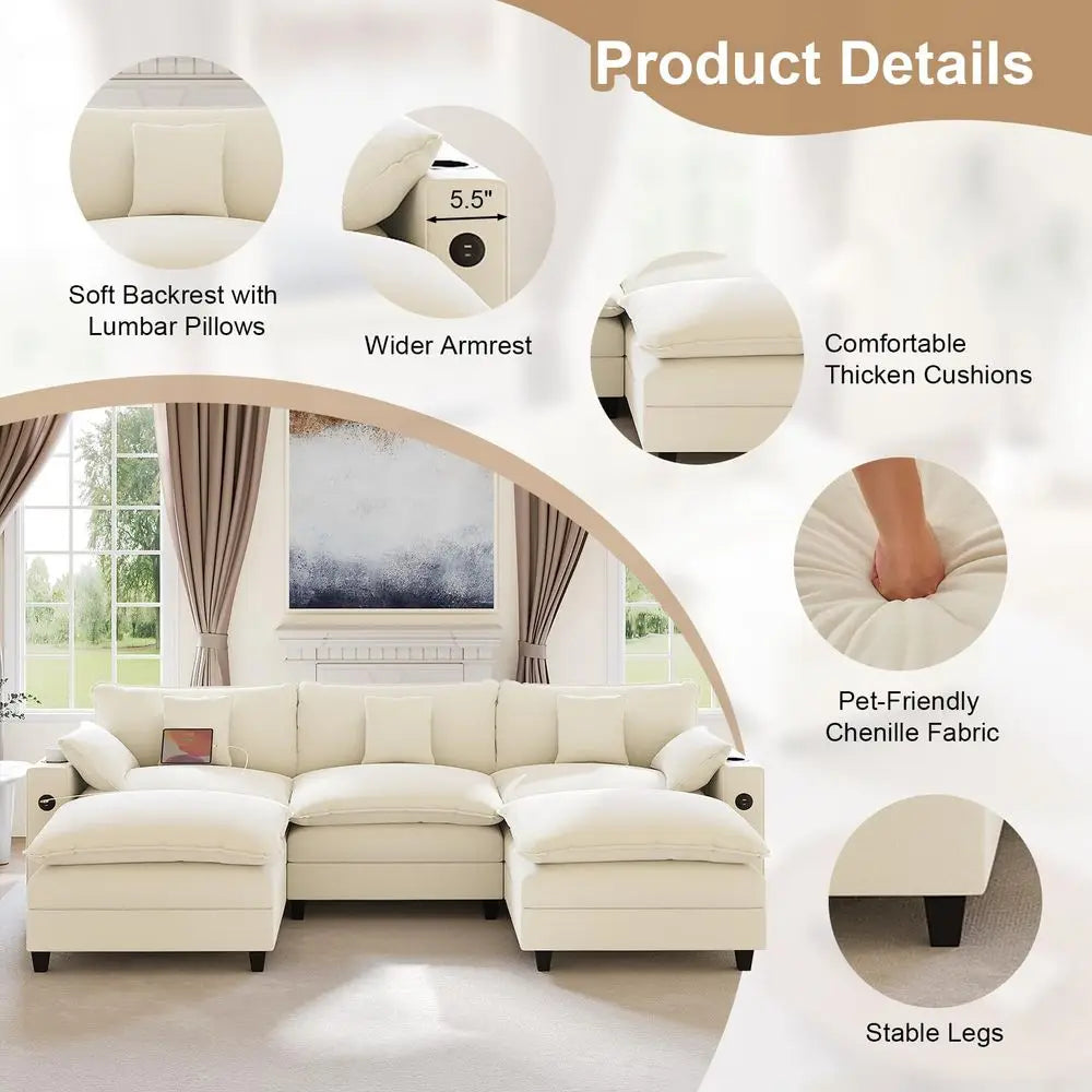Canapé modulaire 116 sections, canapé nuage en forme de U avec ottoman mobile, canapé nuage en chenille à assise profonde avec station de charge, porte-gobelets