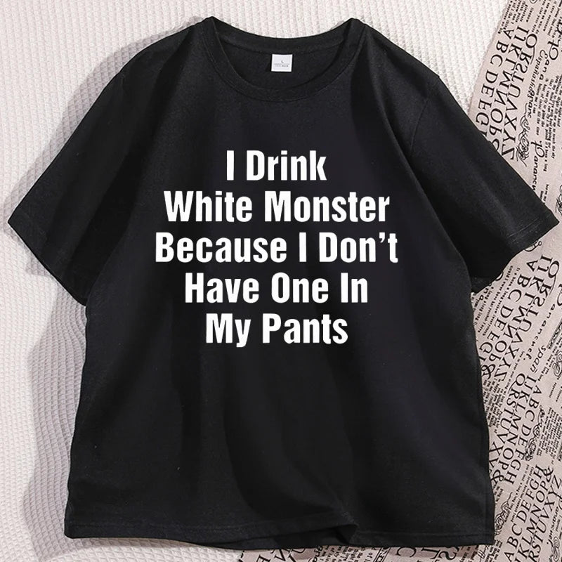 تي شيرت رجالي "I Drink White Monster" ملابس قطنية بأكمام قصيرة تي شيرت مضحك رسومات ملابس الشارع قطن ملابس كبيرة الحجم