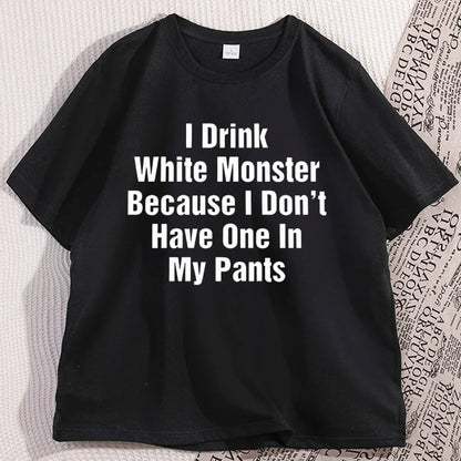 تي شيرت رجالي "I Drink White Monster" ملابس قطنية بأكمام قصيرة تي شيرت مضحك رسومات ملابس الشارع قطن ملابس كبيرة الحجم