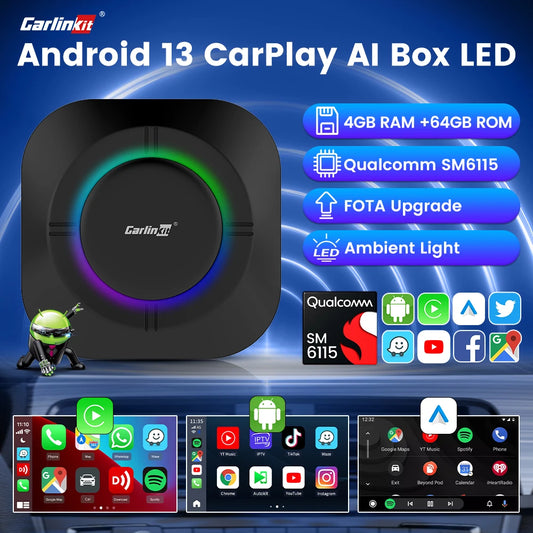 CarlinKit Android 13 LED AI Box CarPlay sans fil Android Auto Smart Car Multimedia Box Qualcomm 8-Core Chip SD Card Extensible jusqu'à 512 Go Support vidéo en ligne