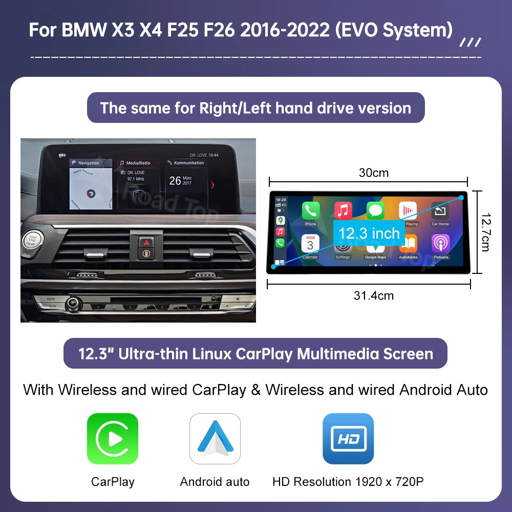 Écran tactile multimédia Ultra fin de 12.3 pouces, pour BMW X3 F25 X4 F26 2011 – 2022, affichage Carplay sans fil, lecteur d'autoradio Android Auto