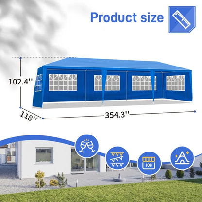 Tente de réception extérieure bleue 10x30 pieds (900x300 cm) en tissu PE imperméable avec structure en acier et 8 parois latérales amovibles avec fenêtres, capacité 50 personnes