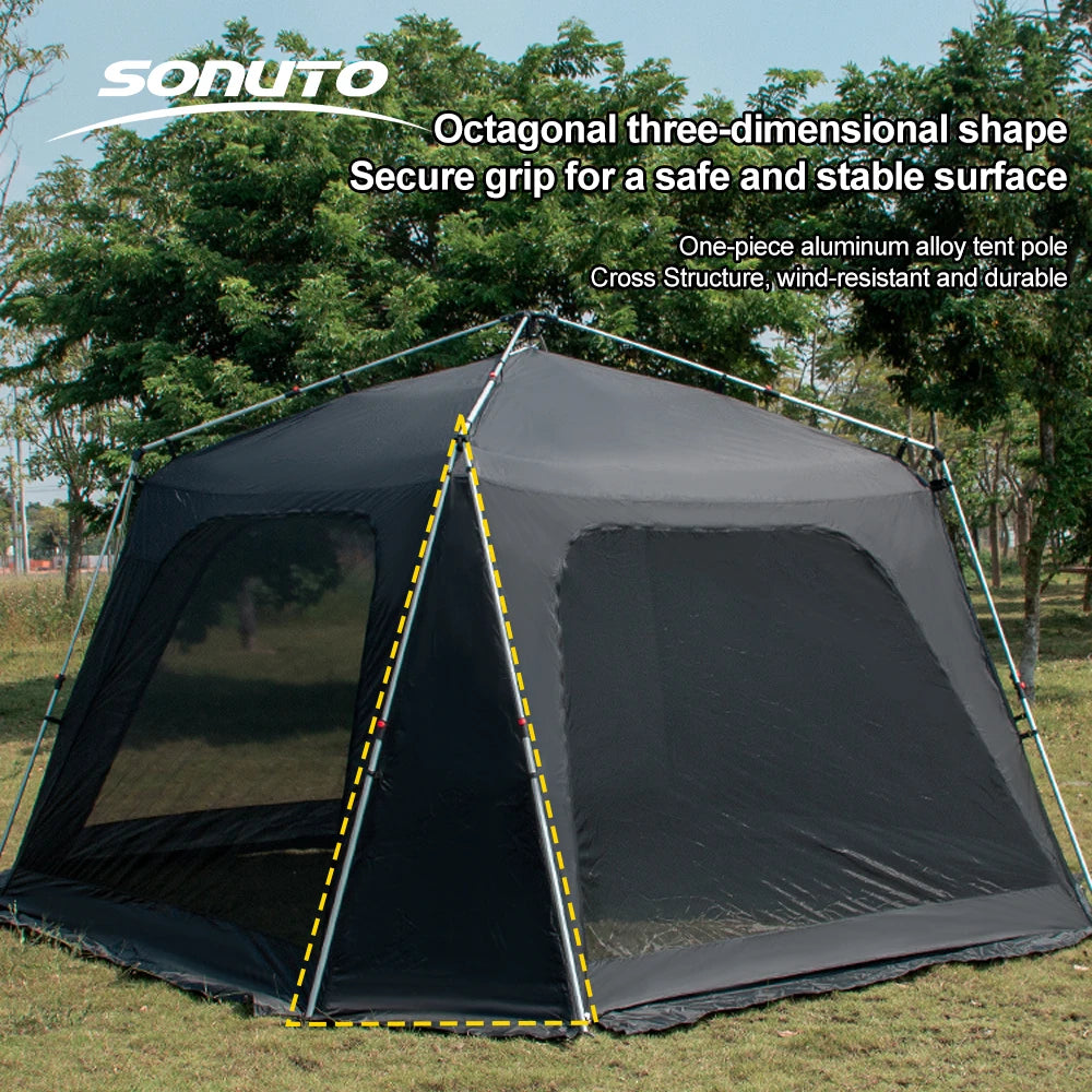 Tente de camping instantanée octogonale Sonuto, grande tente familiale avec structure en aluminium, résistante au vent et à l'eau, abri solaire pour la plage