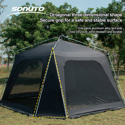 Tente de camping instantanée octogonale Sonuto, grande tente familiale avec structure en aluminium, résistante au vent et à l'eau, abri solaire pour la plage