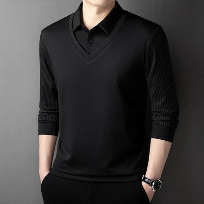 Polo à manches longues pour hommes, décontracté et à la mode, couleur unie, faux deux pièces, Business, toutes saisons, haut polyvalent, nouvelle collection 2025