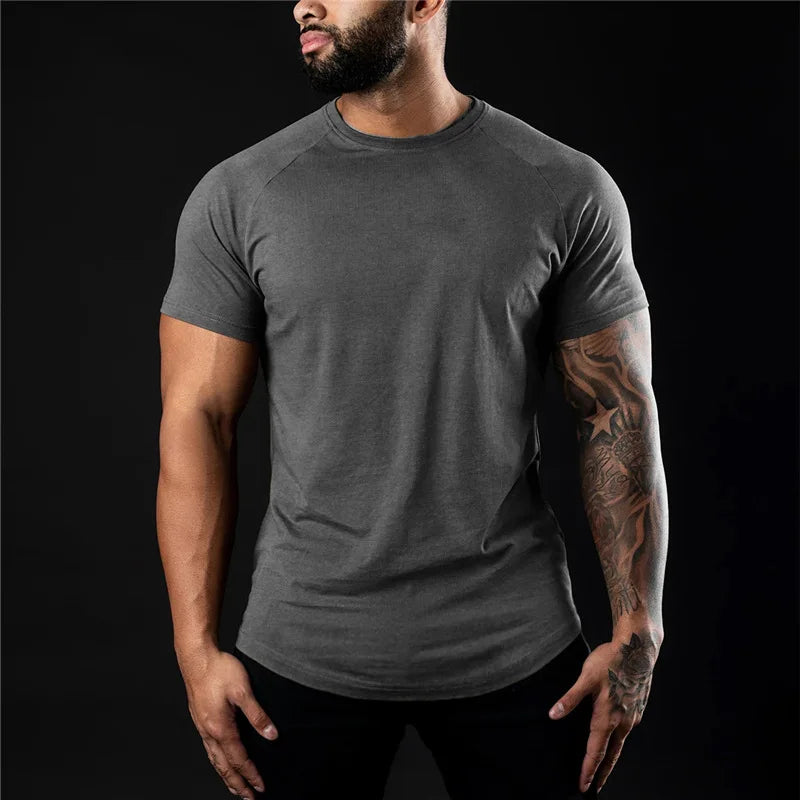 T-shirt de gymnastique uni pour hommes, vêtements de Fitness d'été, col rond, manches courtes, en coton, Slim Fit, musculation, entraînement