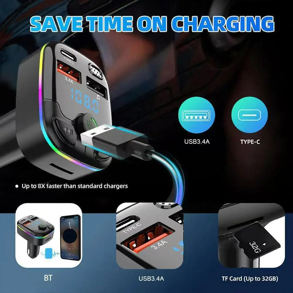 Chargeur de voiture transmetteur FM Bluetooth 5.0 PD type-c double USB lecteur ambiant mains libres chargeur MP3 type-c lumière sans fil