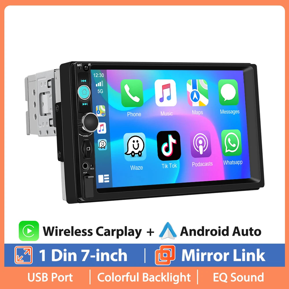 Lecteur multimédia MP5 Hikity universel 7 pouces 1 Din avec Carplay, prise en charge de Mnirrorlink, effets sonores EQ, BT, FM, USB, carte SD, autoradio