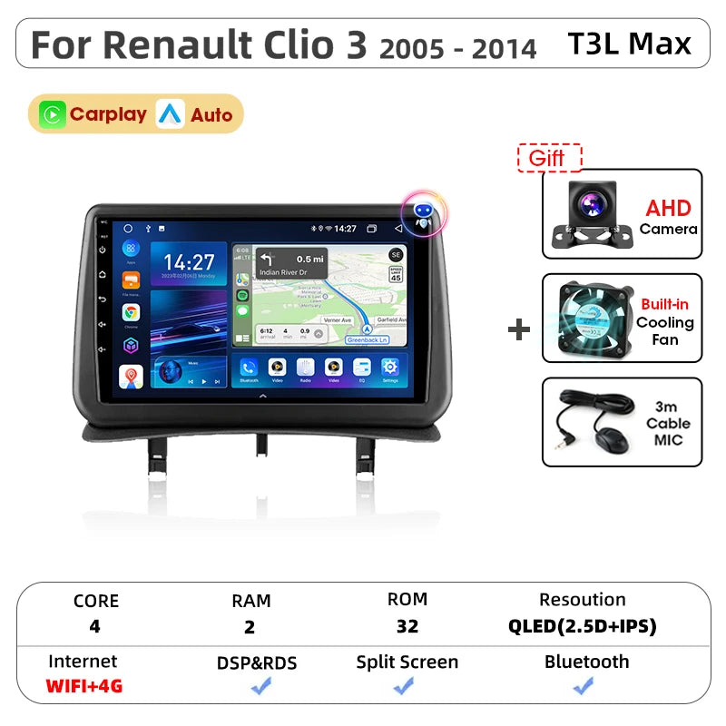 Srnubi CarPlay autoradio lecteur multimédia pour Renault Clio 3 2005 2006 2007 2008 2009 2010-2014 Android Auto GPS 2din autoradio