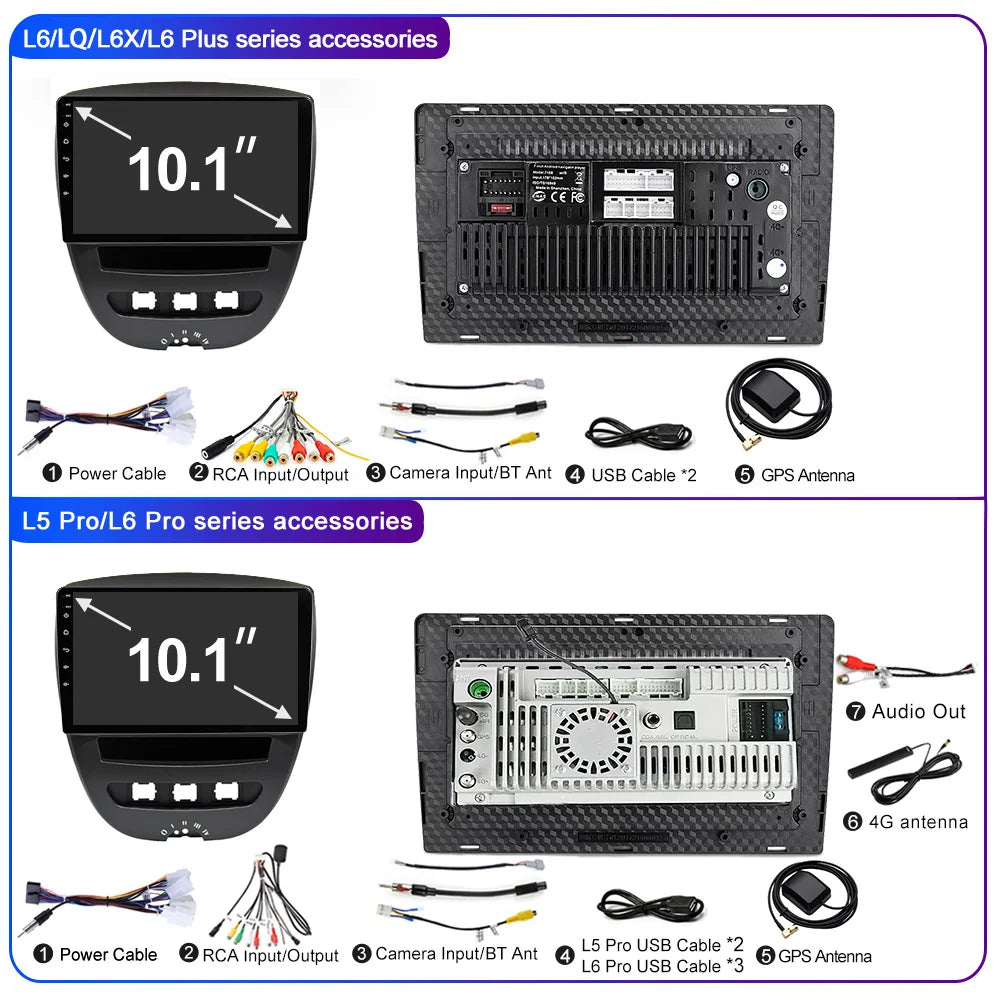 LEHX-Autoradio L6 Pro, Android 14, 2 Din, Stéréo, CarPlay, Limitation de Courant, GPS, pour Voiture KIT 107, Toyota Aygo, Cristaux en C1 (2005-2014)