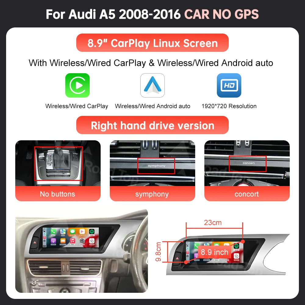 Écran Linux d'affichage multimédia de voiture de 8.9 ''12.3" pour Audi A5 S5 2008-2016 avec Carplay sans fil Android Auto Airplay Autolink