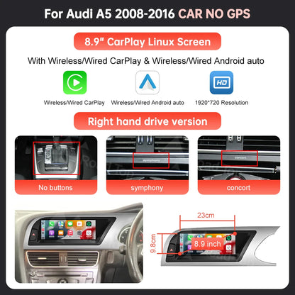 Écran Linux d'affichage multimédia de voiture de 8.9 ''12.3" pour Audi A5 S5 2008-2016 avec Carplay sans fil Android Auto Airplay Autolink