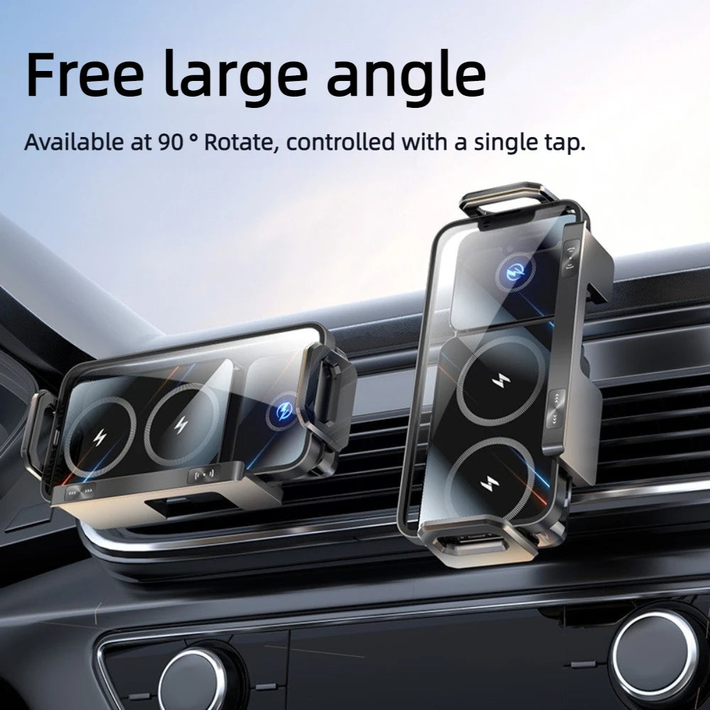 Support de téléphone de voiture pliable à double bobine universel, chargeur sans fil, charge rapide, support pour Samsung, iPhone, Xiaomi, accessoires automobiles