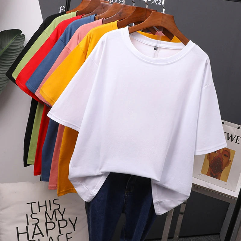 T-Shirt d'été en coton pour femmes, surdimensionné, solide, couleur bonbon, hauts amples