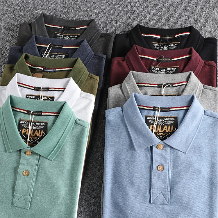 T-shirt rétro américain à manches courtes pour hommes, Polo à revers de couleur unie, à la mode, 100% coton, hauts d'affaires décontractés