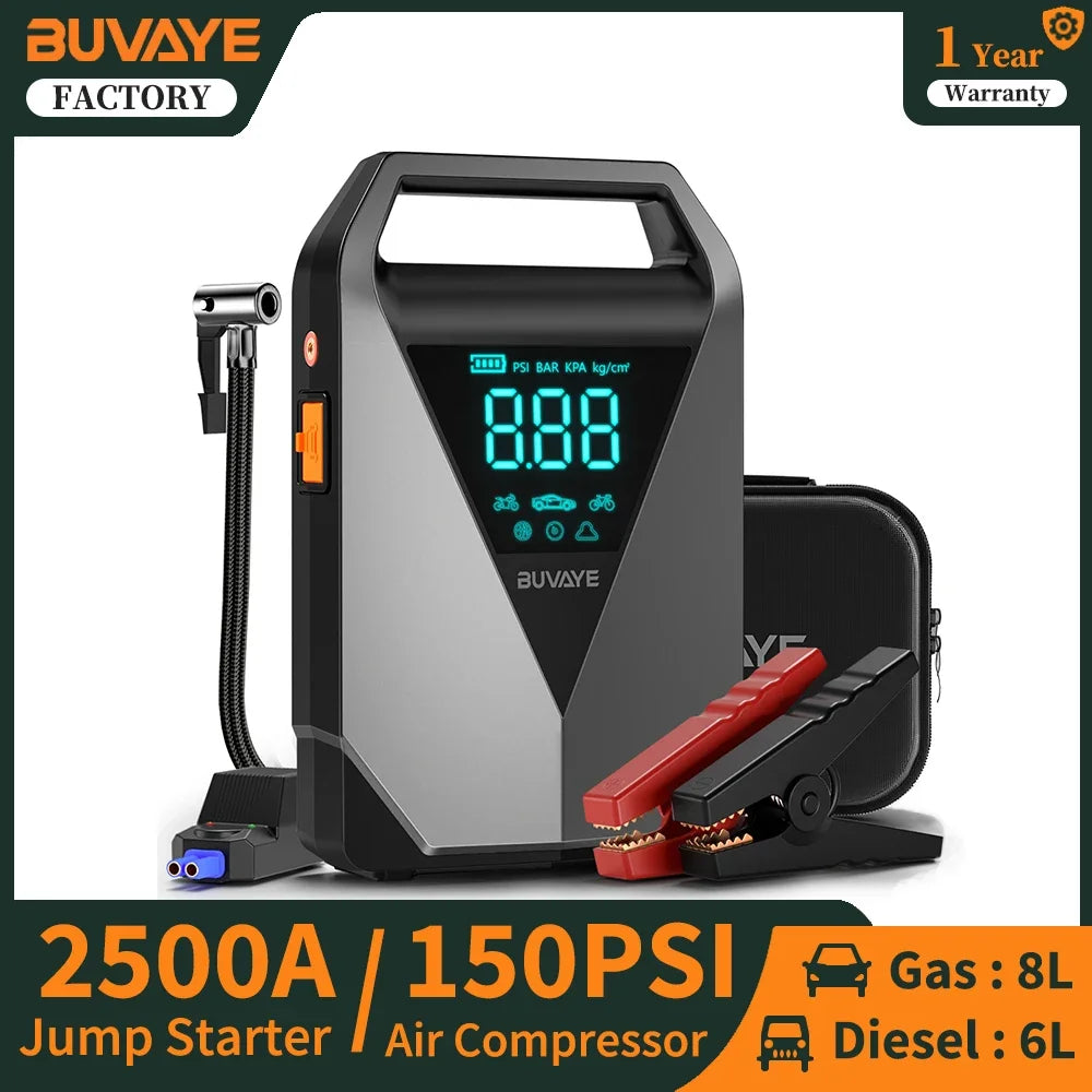 BUVAYE-Démarreur de compresseur d'air pour diabétique avec batterie externe, booster de batterie 2500A, démarreur de moteur 12V, pompe électrique 150PSI, gonfleur d'opathie