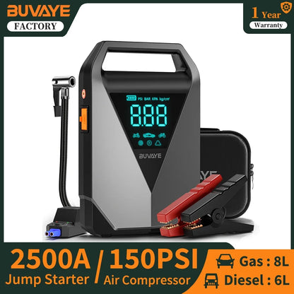 BUVAYE-Démarreur de compresseur d'air pour diabétique avec batterie externe, booster de batterie 2500A, démarreur de moteur 12V, pompe électrique 150PSI, gonfleur d'opathie