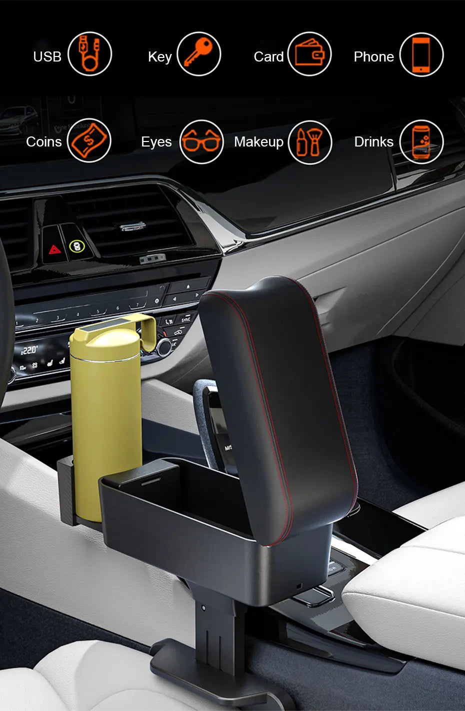 SEAMETAL – boîte d'accoudoir de voiture, organisateur de repose-coude à hauteur réglable, boîte de rangement universelle pour repose-bras intérieur, organisateur d'espace de siège