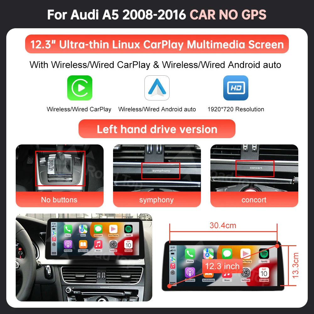 Écran Linux d'affichage multimédia de voiture de 8.9 ''12.3" pour Audi A5 S5 2008-2016 avec Carplay sans fil Android Auto Airplay Autolink