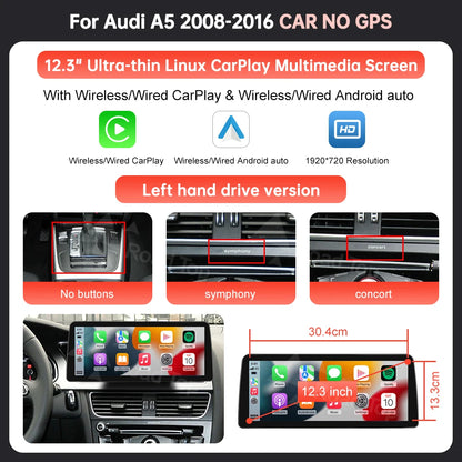 Écran Linux d'affichage multimédia de voiture de 8.9 ''12.3" pour Audi A5 S5 2008-2016 avec Carplay sans fil Android Auto Airplay Autolink