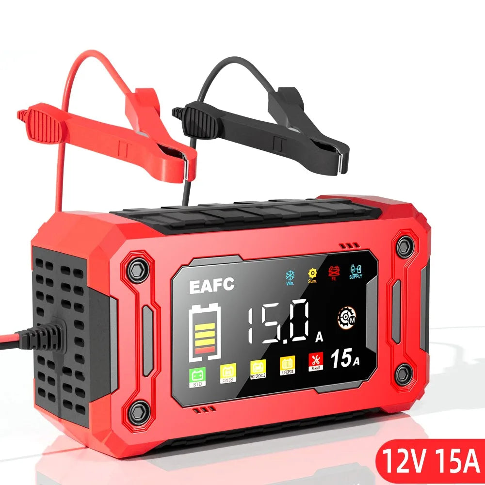 Le plus récent chargeur de batterie de voiture 12V 15A/8A réparation d'impulsions grand écran chargeur intelligent pour voiture moto plomb acide AGM GEL Batteries