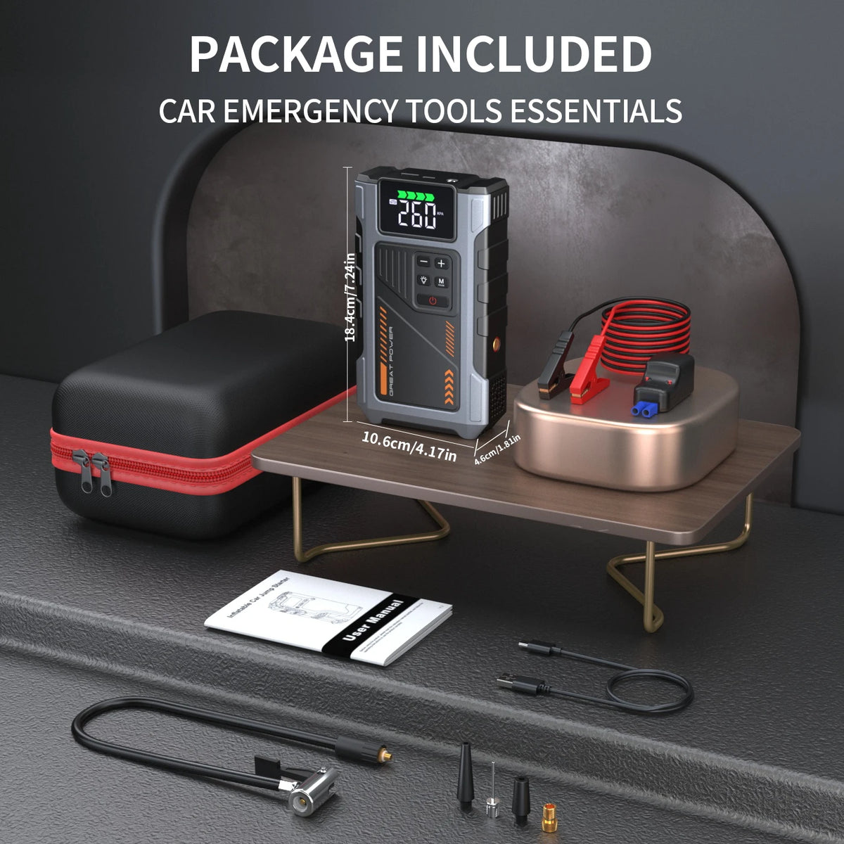 Démarreur de saut de voiture Portable avec compresseur d'air, pointe 3000A (gaz 7,5 L, 6,5 L Diesel), batterie de démarreur de saut avec pneu 150 PSl Inf