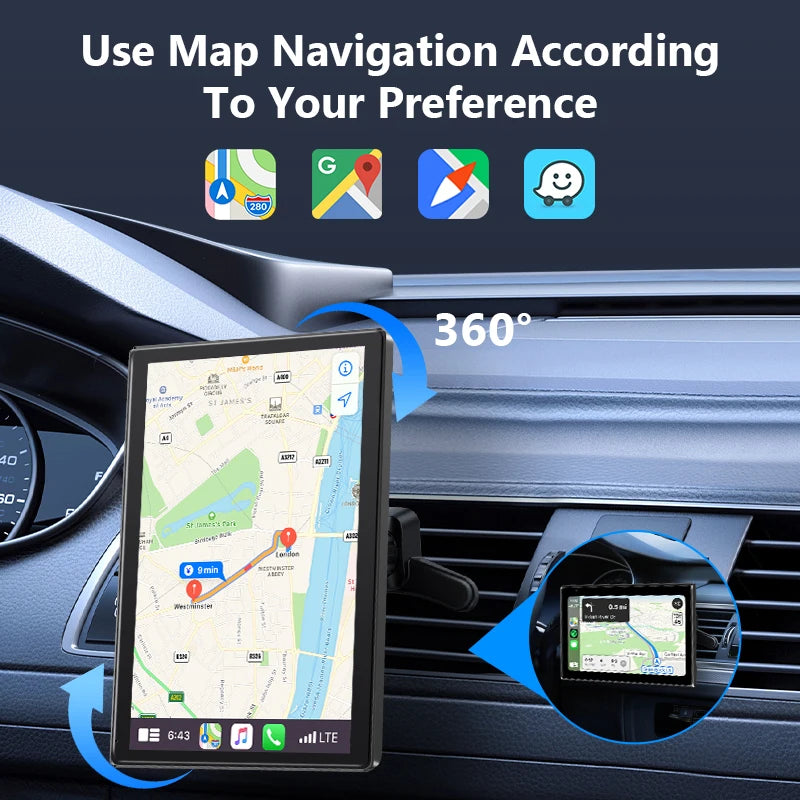 Écran de voiture rotatif Portable universel de 8 pouces, sans fil, Carplay, Android Auto et WIFI, lien miroir, caméra arrière de stationnement, stéréo AUX