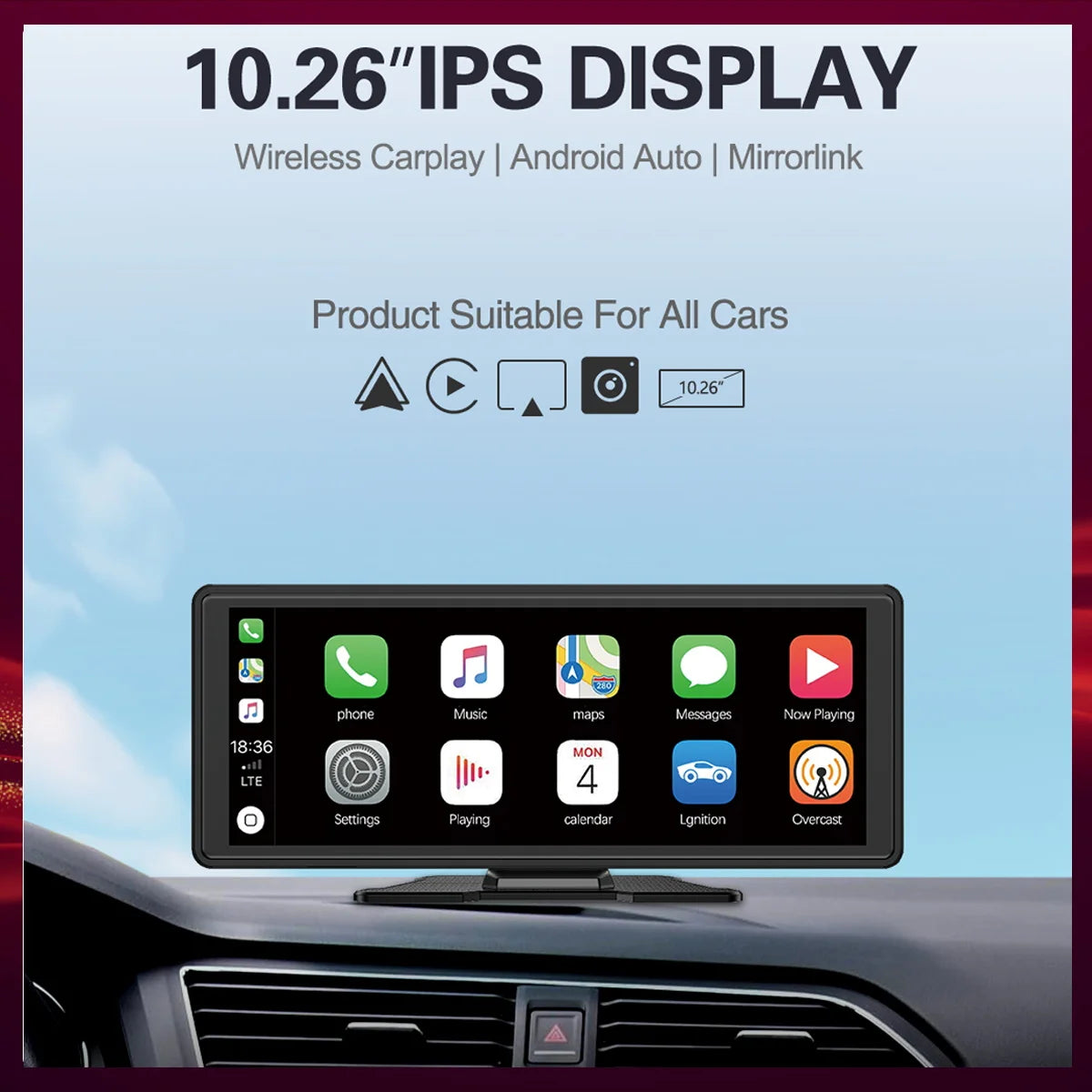 راديو سيارة لاسلكي يدعم CarPlay و Android Auto، مشغل مرآة محمول عالمي، صوت بلوتوث، ستريو AUX، يدعم Apple أو Android، مقاس 10.26 بوصة