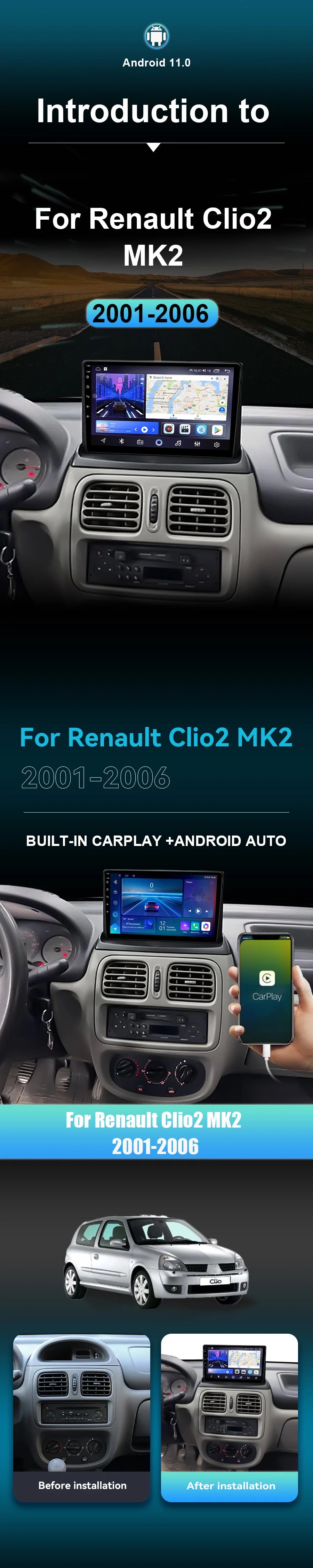 QSZN pour Renault Clio2 BB CB MK2 2001 - 2006 Android 13 autoradio lecteur vidéo multimédia CarPlay Auto 4G unité principale Navigation