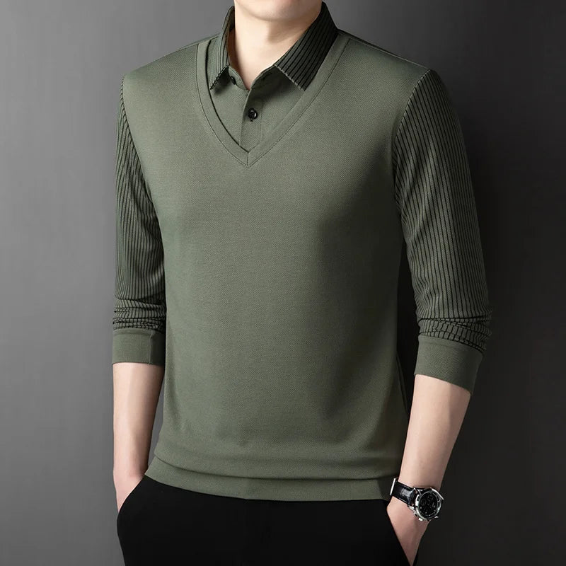 Polo à manches longues pour hommes, décontracté et à la mode, couleur unie, faux deux pièces, Business, toutes saisons, haut polyvalent, nouvelle collection 2025