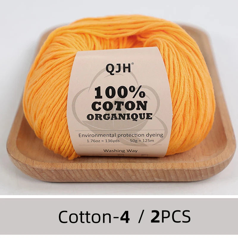 QJH Fil 100% coton biologique, fil pour tricoter, crochet et artisanat, paquet de 2 - 1,76 oz/136 mètres/1 pièce, léger, Dk