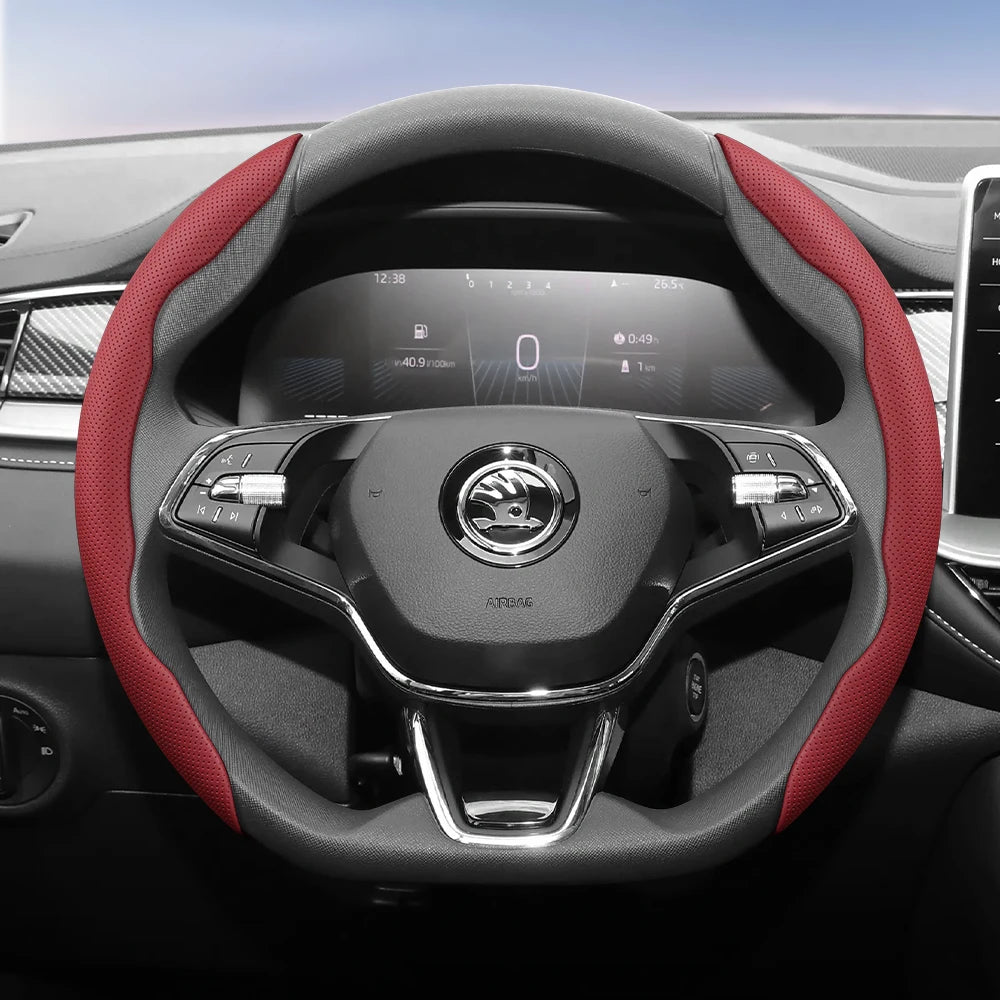 مناسب لـ Skoda غطاء عجلة قيادة من الجلد المسامي بتصميم مقطع سريع التحرير، مضاد للانزلاق ومتين، لسيارات Octavia Rapid Kodiaq Karoq Fabia Superb Kamiq Citigo Scala Combi Kylaq Kushag Slavia Black