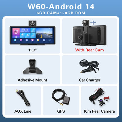 W60 11.3 ''8 Core Android 14 6 + 128GB lecteur multimédia Carplay et Android Auto 5G WiFi Google Play Youtube Netflix OTA mise à niveau