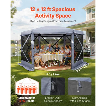 Tente gazebo pop-up 12 x 12 pieds, 6 côtés, grande auvent de camping avec toit amovible, sac de transport, installation rapide, moustiquaire anti-moustiques