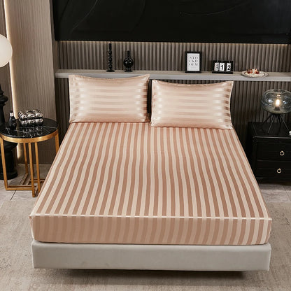 Satin-injFitted-طقم ملاءات سرير كوين، رمادي، ناعم، مبرد، جيب عميق، أطقم مفروشات، مخطط، سادة، غطاء مرتبة
