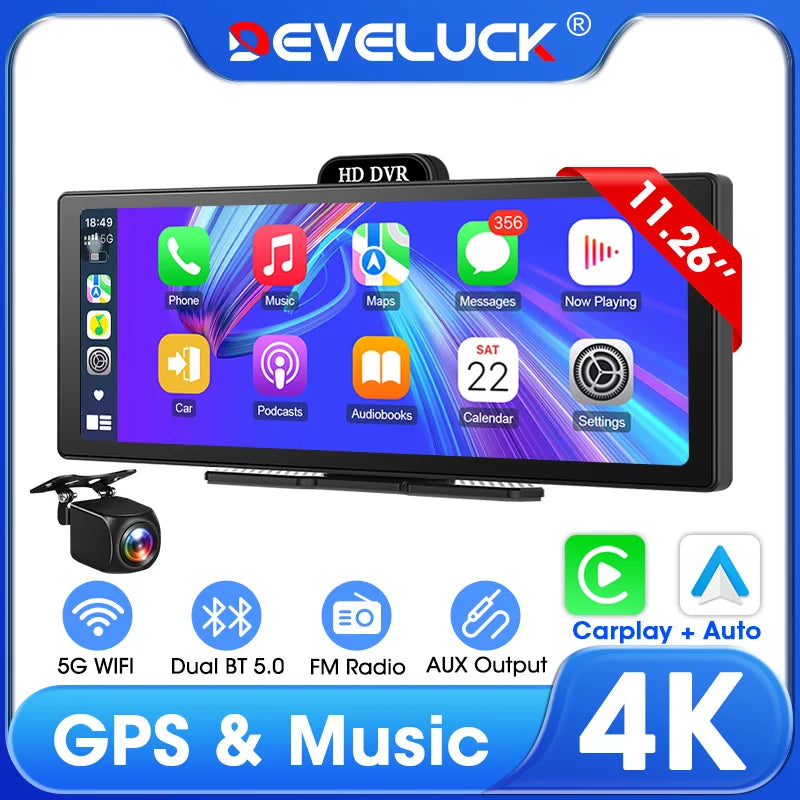 Develuck nouveau 11.26 ''4K voiture DVR sans fil CarPlay Android Auto lecteur multimédia IPS écran tactile Bluetooth enregistreur vidéo FM AUX