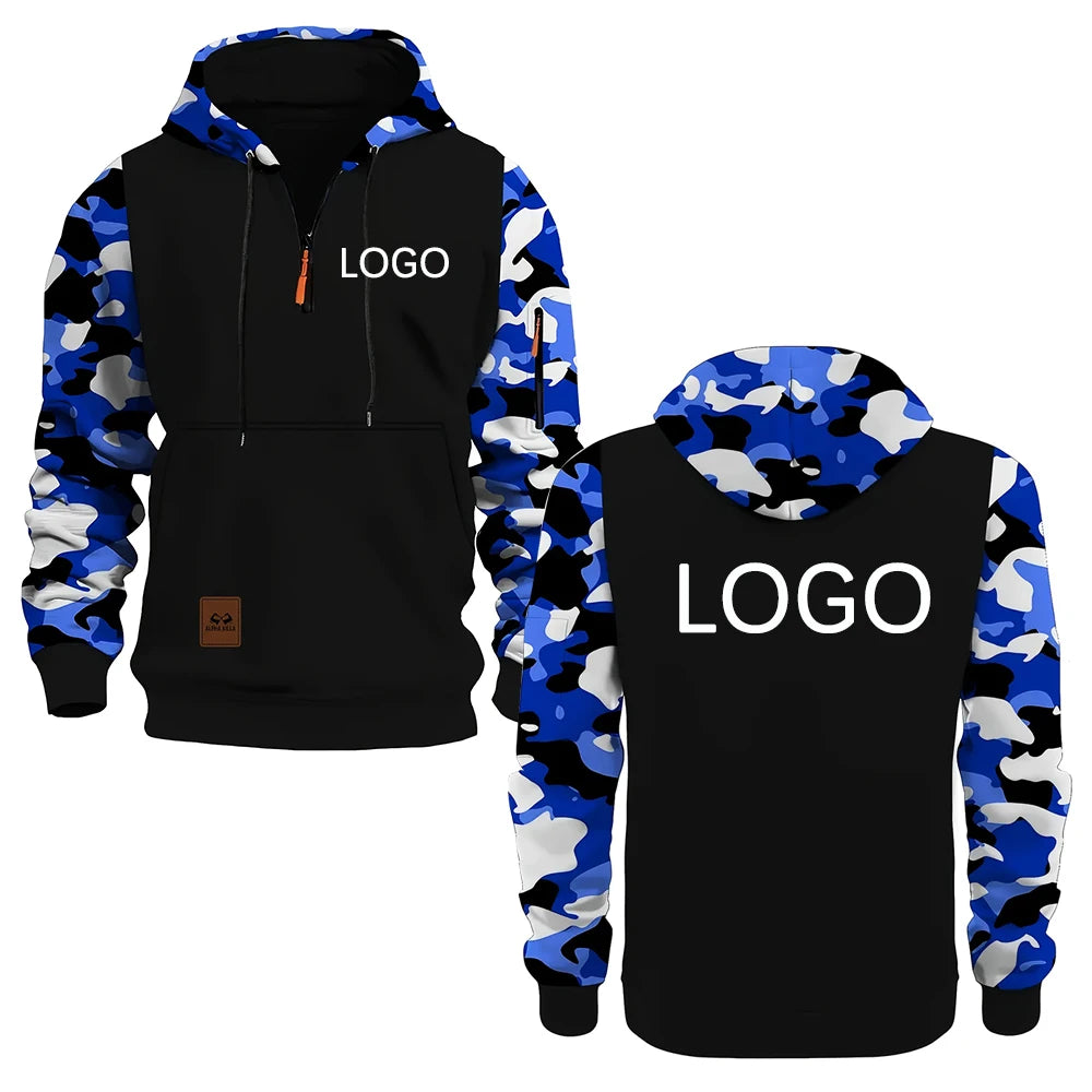 Personnalisez votre logo, sweats à capuche pour hommes, sweat-shirts à panneaux camouflage, embellissements à fermeture éclair tendance, streetwear, cadeaux personnalisés pour hommes