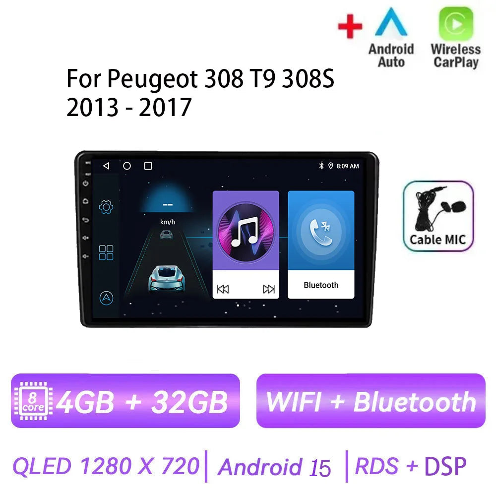 Android 15 pour Peugeot 308 T9 308S 2013 - 2017 Auto stéréo autoradio lecteur multimédia Navigation GPS 4G WIFI sans fil Carplay