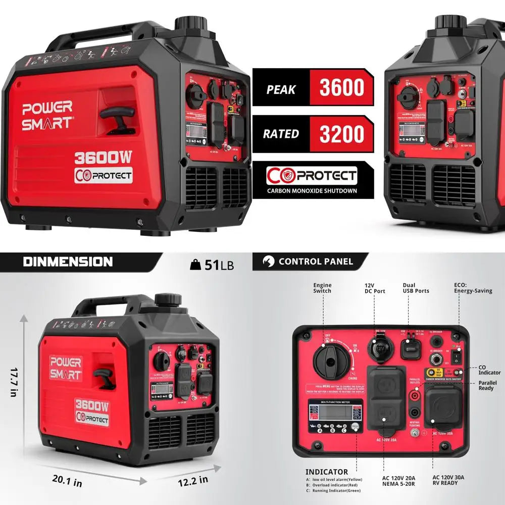 Générateur d'onduleur portable de 3600 watts avec protection CO, fonctionnement silencieux, 30 ampères RV-Ready