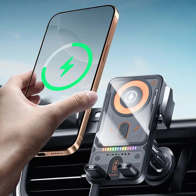 Support de téléphone pour voiture et chargeur sans fil 2 en 1 – 360 °   Support de navigation rotatif 15W à charge rapide pour smartphones, fixation sur grille d'aération