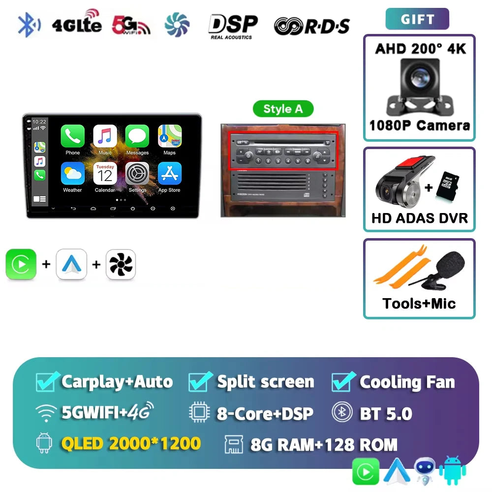 Autoradio Android 15 pour Peugeot 307 CC 307CC 307SW 2002 - 2013 sans fil Carplay Android Auto stéréo lecteur multimédia 4G 2 Din